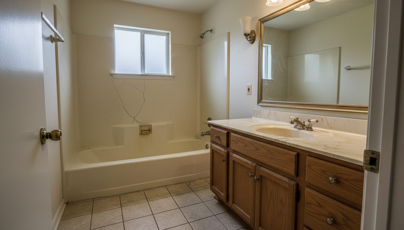 A dated Knoxville bathroom with worn tile and an old tub surround before remodeling